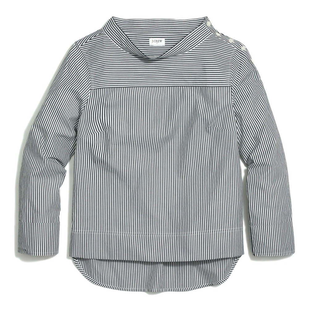 J.Crew Striped Top 4 Black Funnel Neck‎ Button Shoulder Nautical Blouse Coastal